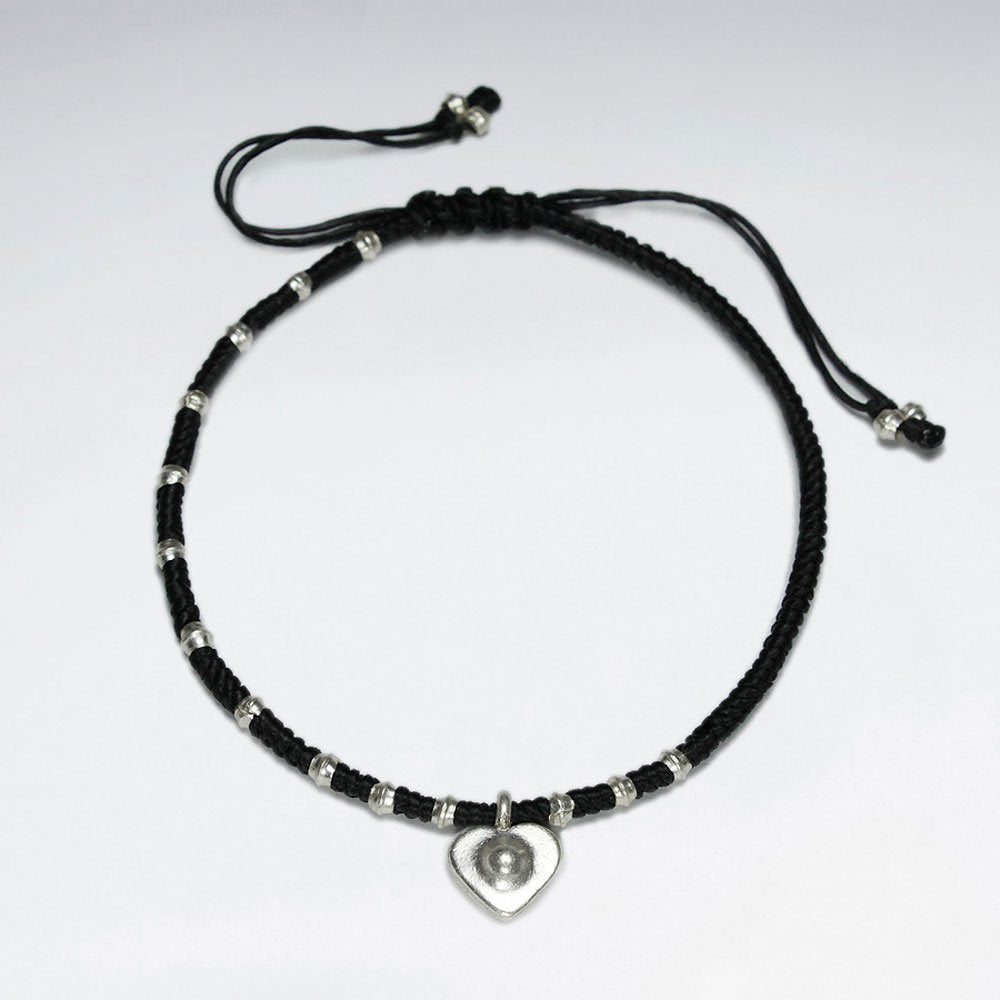 7" Adjustable Black Macrame Waxed Cotton Bracelet With Antique Handmade Silver Heart Charm