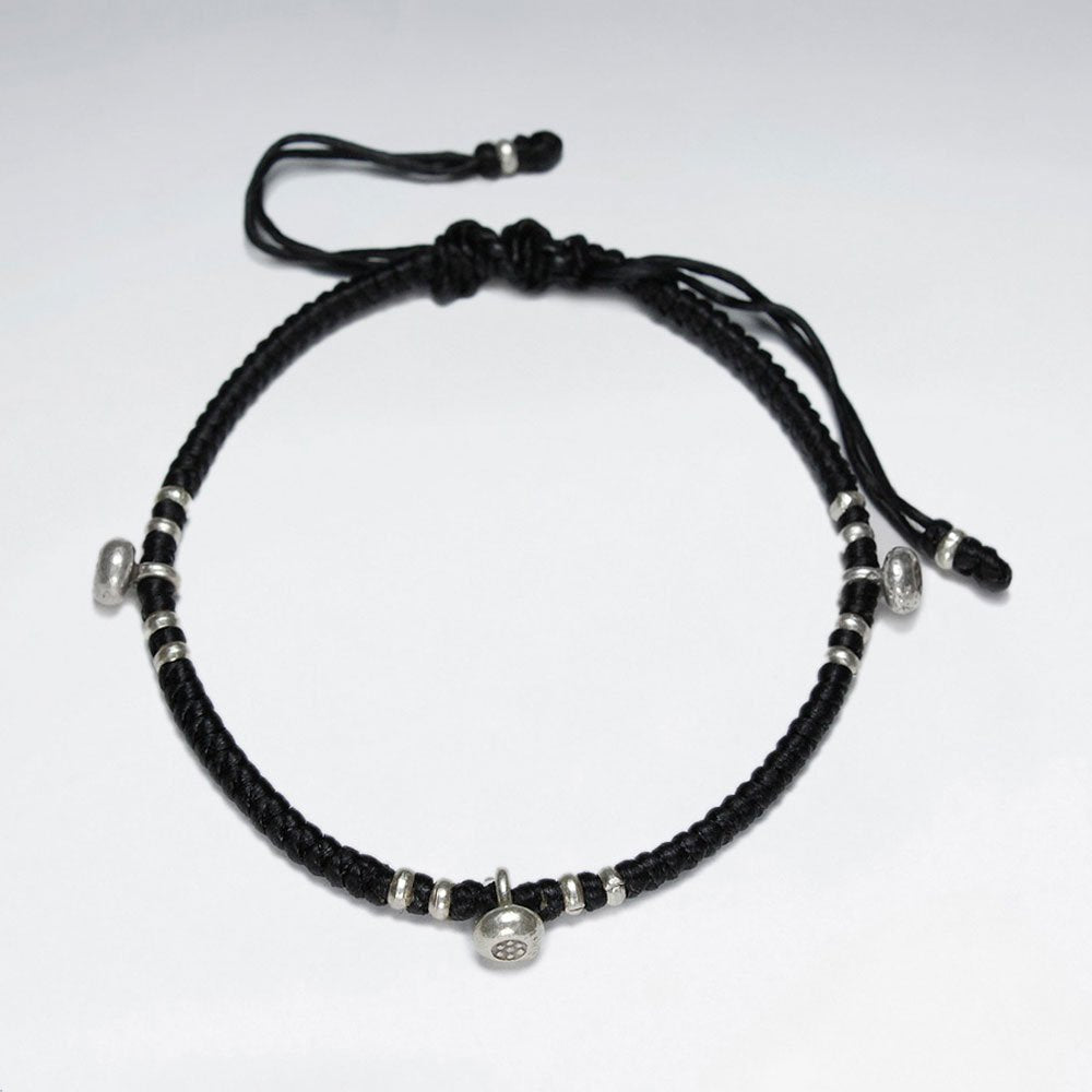 7" Adjustable Black Macrame Waxed Cotton Bracelet With Antique Handmade Silver Beads