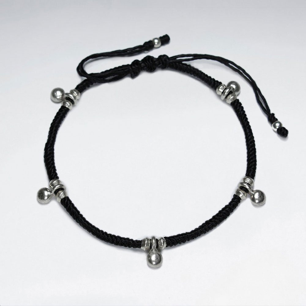 7" Adjustable Black Macrame Waxed Cotton Bracelet With Antique Handmade Silver Beads