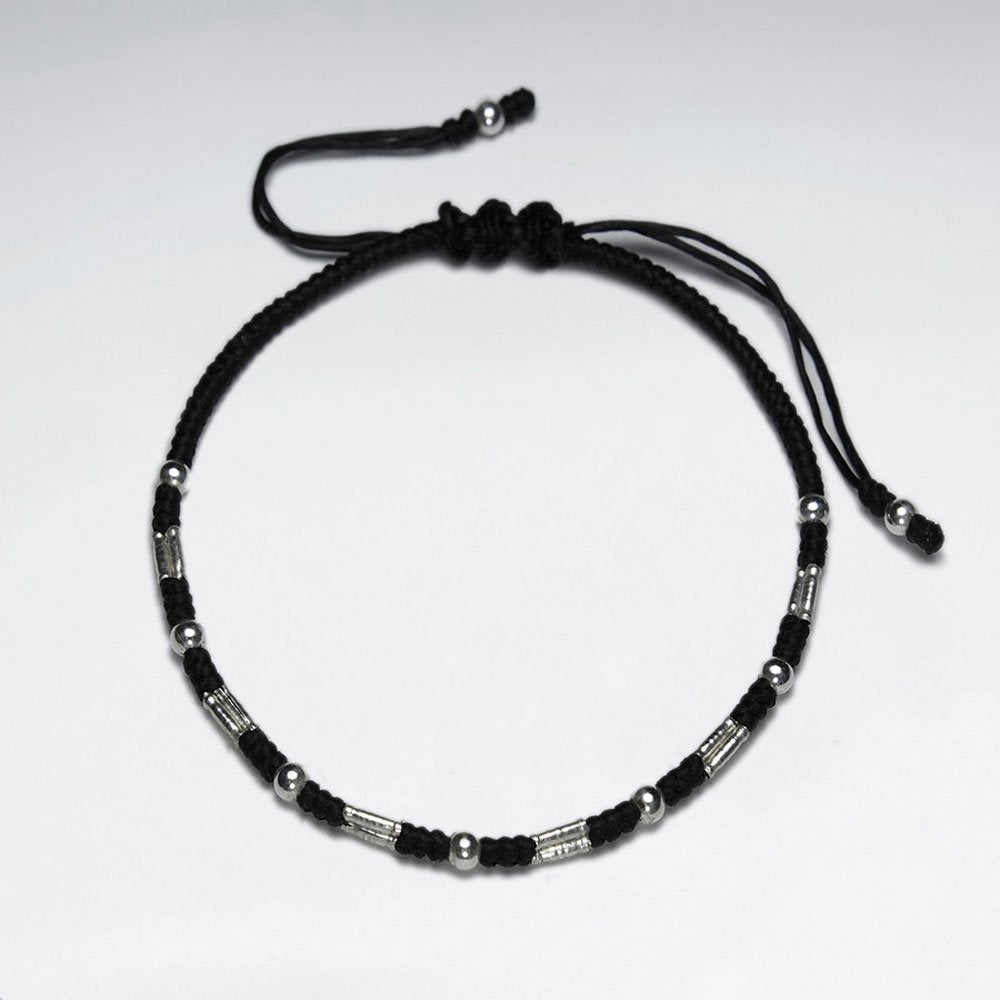 7" Adjustable Black Macrame Waxed Cotton Bracelet With Antique Handmade Silver Tube Beads