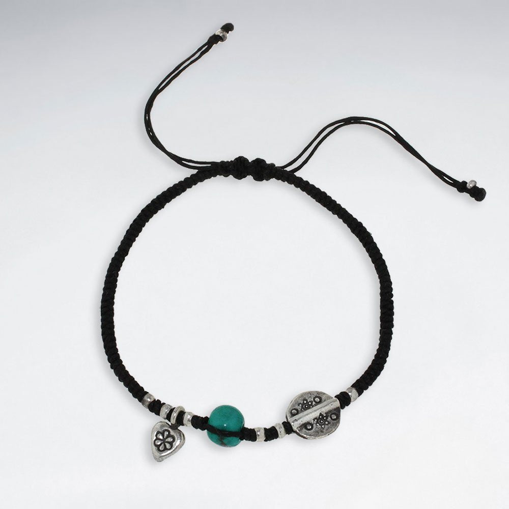 7" Adjustable Black Macrame Waxed Cotton Bracelet With Antique Handmade Silver Disk Beads
