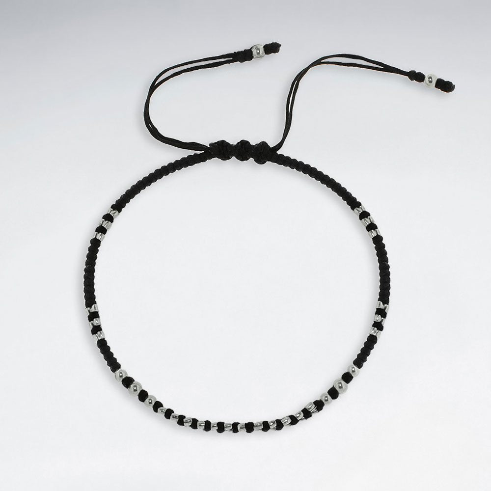 7" Adjustable Black Macrame Waxed Cotton Bracelet With Antique Handmade Silver Beads