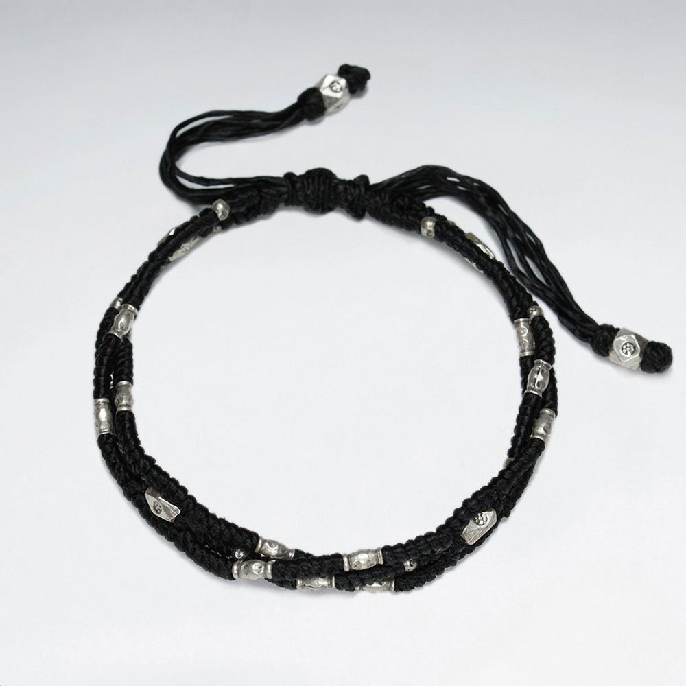 7" Adjustable Triple Strands Black Macrame Waxed Cotton Bracelet With Antique Handmade Silver Beads