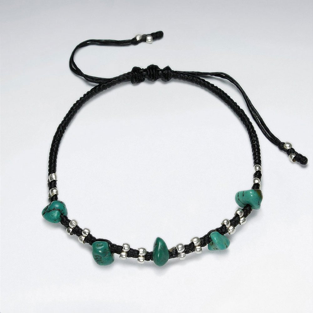 7" Adjustable Black Macrame Waxed Cotton Bracelet With Antique Handmade Silver Bead And Nugget Turquoise