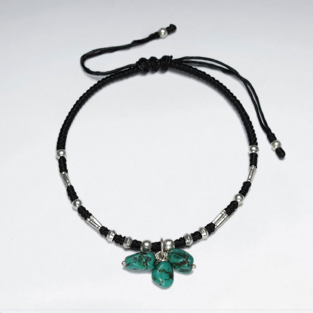 7" Adjustable Black Macrame Waxed Cotton Bracelet With Antique Handmade Silver Bead And Clustered Turquoise