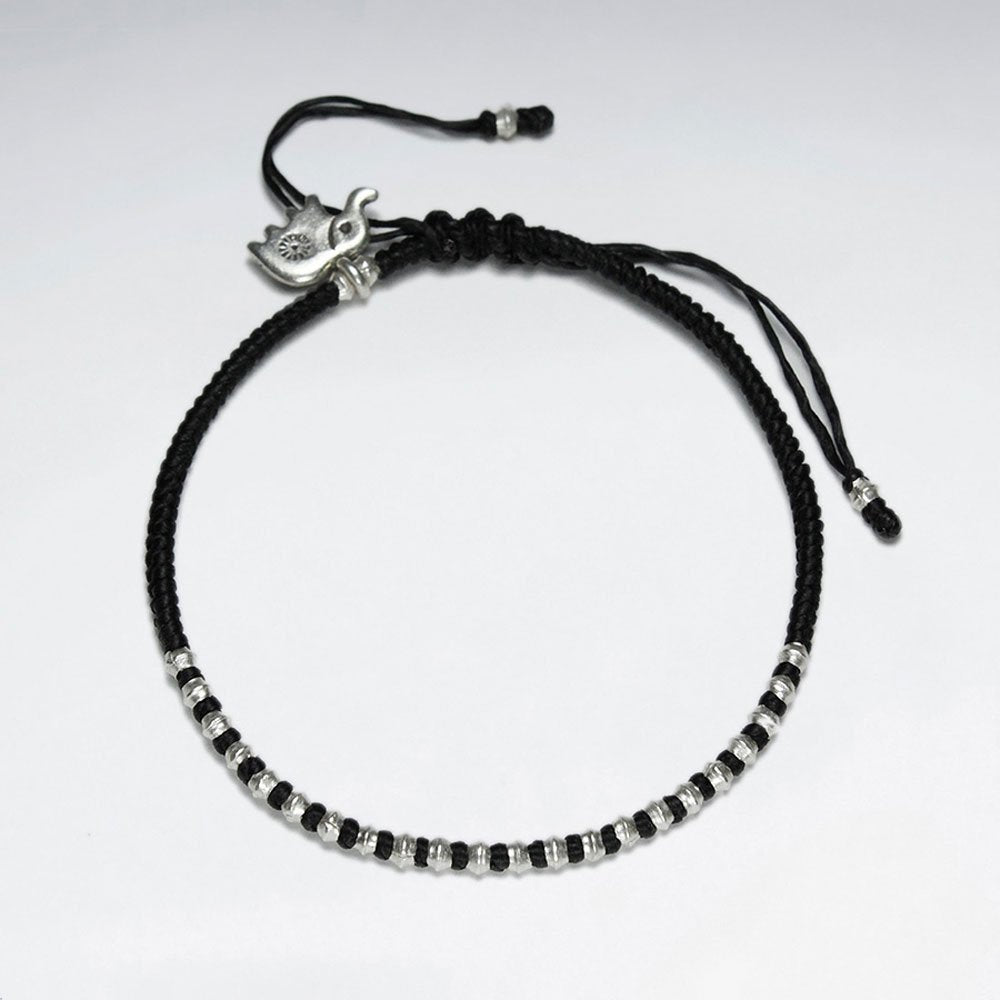 7" Adjustable Black Macrame Waxed Cotton Bracelet With Antique Handmade Silver Elephant Charm