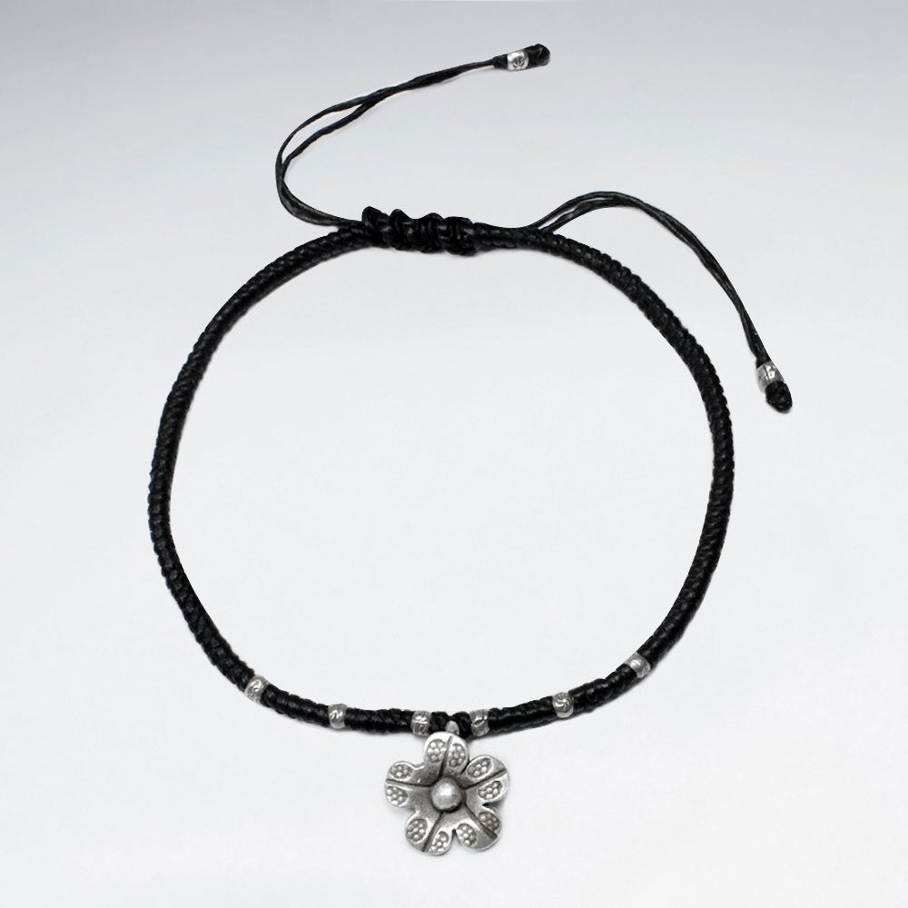 7 '' Adjustable Black Waxed Cotton Macrame Bracelet With Pattern Silver Beads and Textured Flower Accent Charm