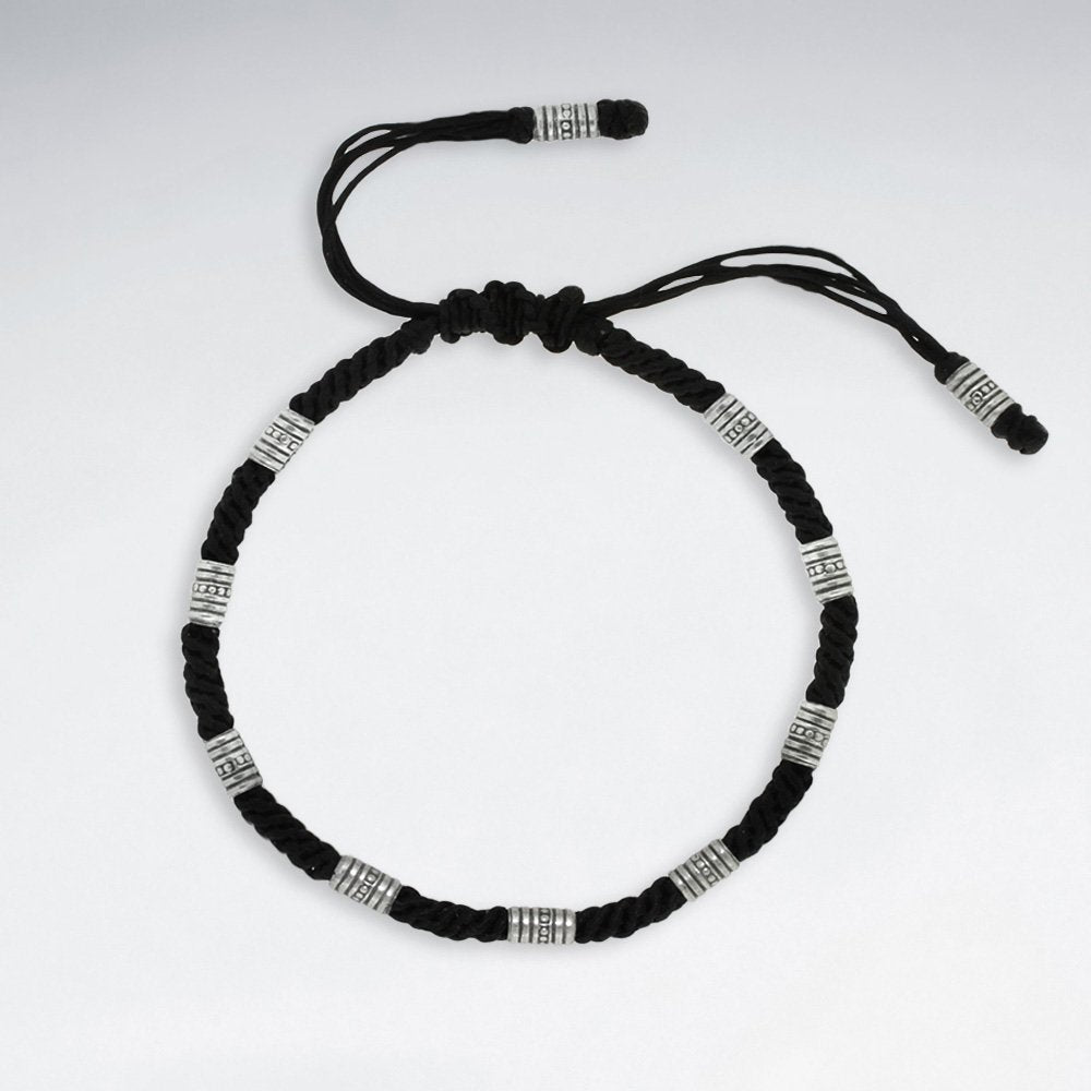 7" Adjustable Black Macrame Waxed Cotton Bracelet With Antique Handmade Silver Tube Beads