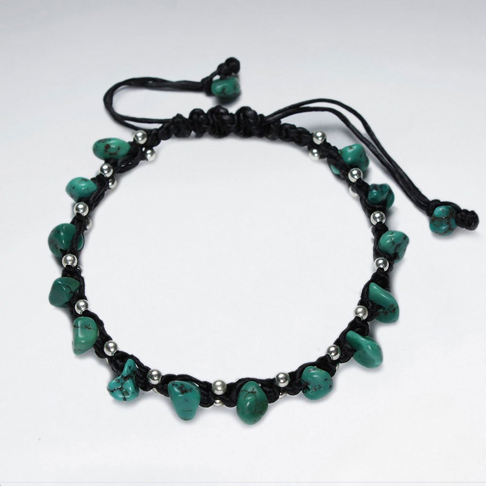 7" Adjustable Black Macrame Waxed Cotton Bracelet With Antique Handmade Silver Bead And Turquoise