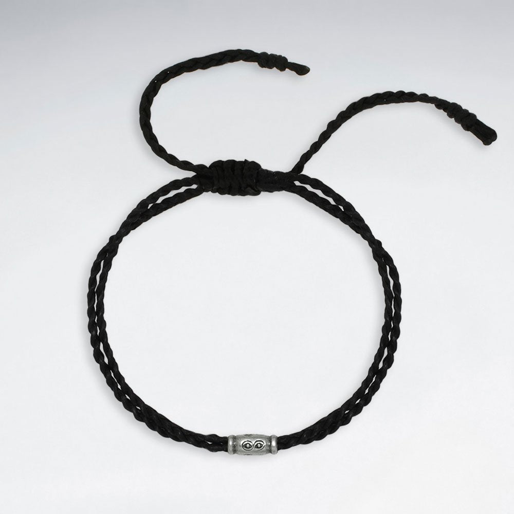 7" Adjustable Black Macrame Waxed Cotton Bracelet With Antique Handmade Silver Tube Beads