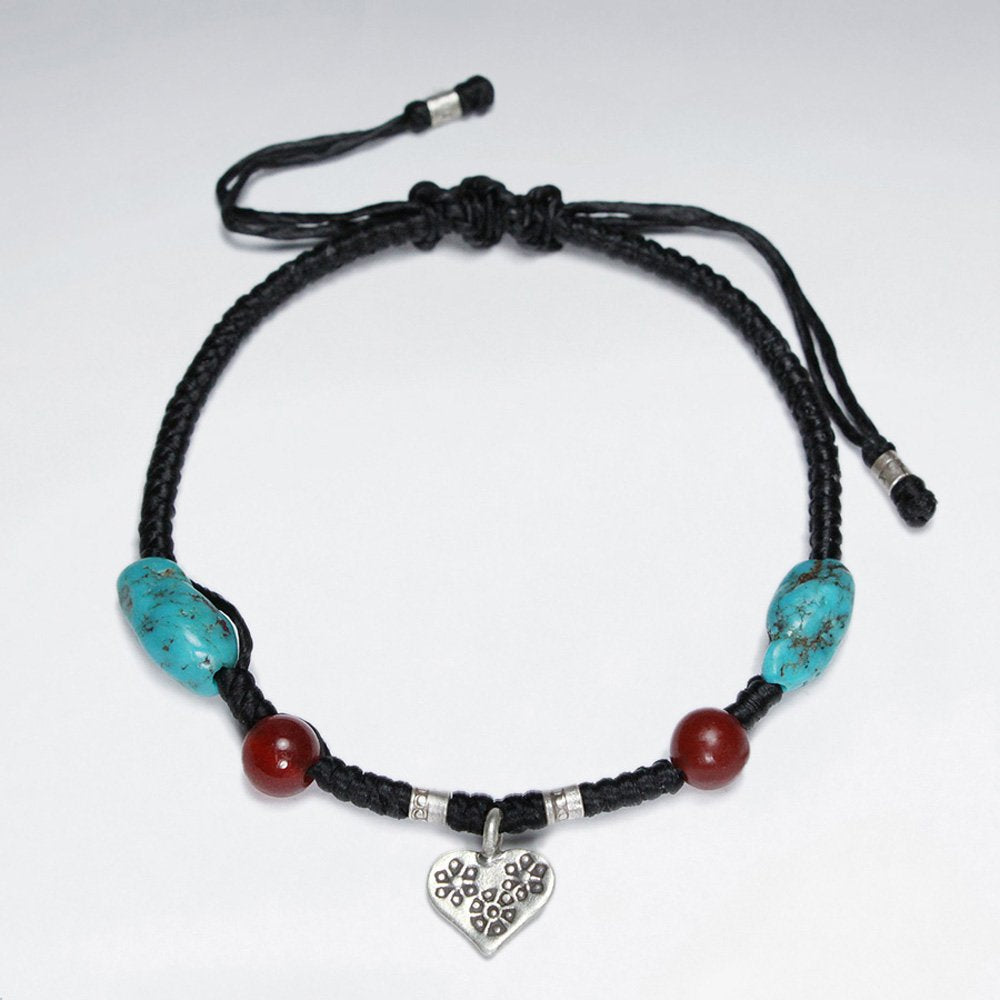 Black Macrame Waxed Cotton Bracelet With Antique Handmade Silver Heart