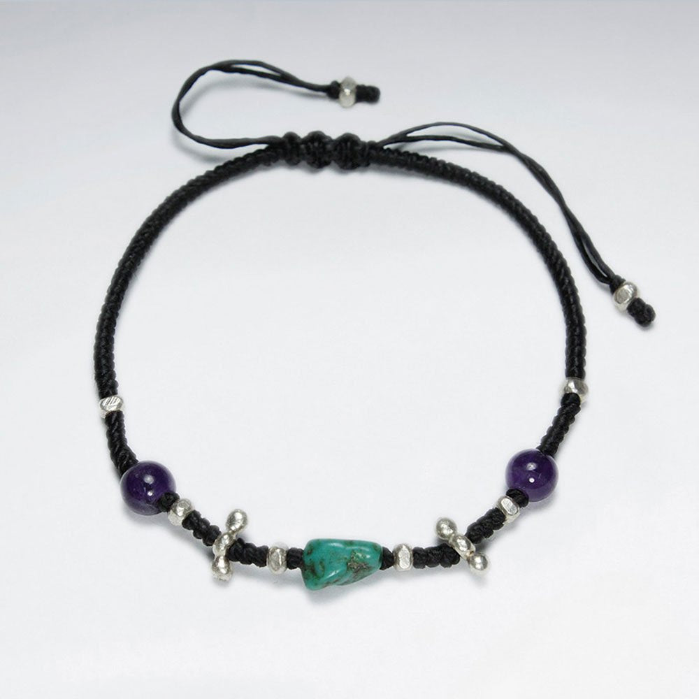 7" Adjustable Black Macrame Waxed Cotton Bracelet With Antique Handmade Silver Bead Turquoise And Amethyst