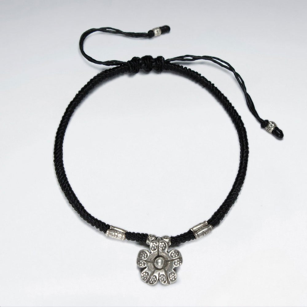 7" Adjustable Macrame Waxed Cotton Bracelet With Flower Charm