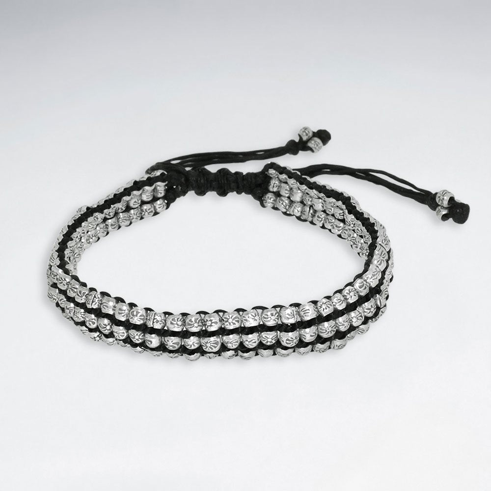 7" Adjustable Black Macrame Waxed Cotton Bracelet With Antique Handmade Silver Beads