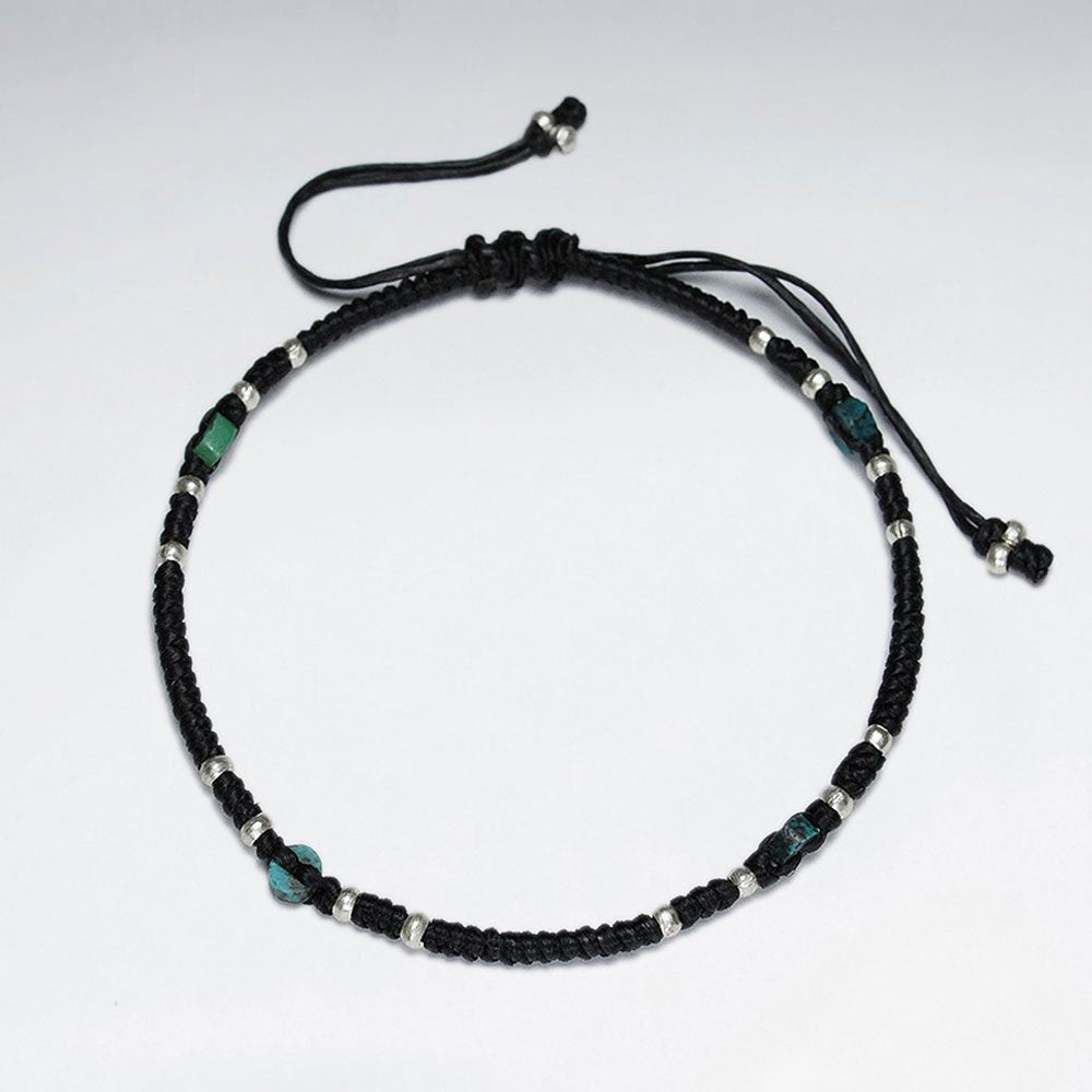 7" Adjustable Black Macrame Waxed Cotton Bracelet With Antique Handmade Silver Beads