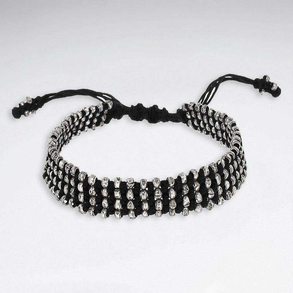 7"  Adjustable Multi Strands Black Macrame Waxed Cotton Bracelet With Antique Handmade Silver Beads