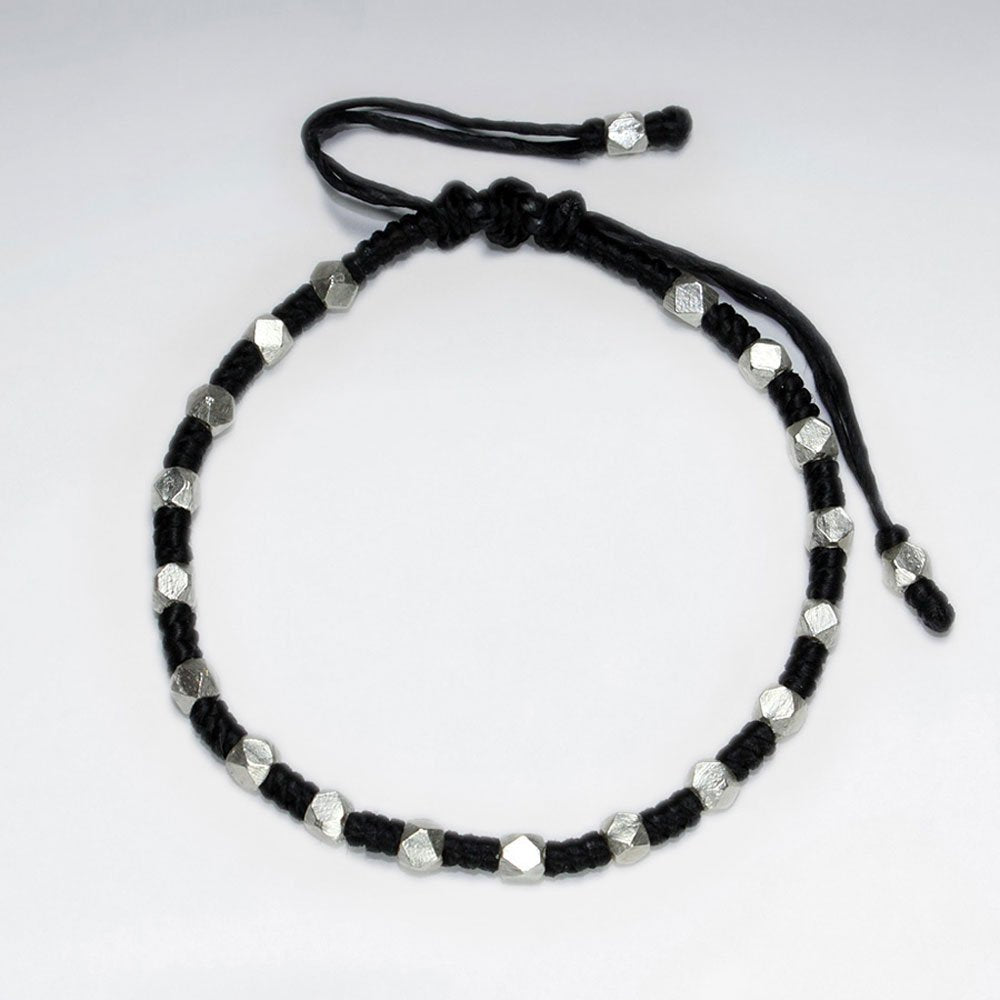 7" Adjustable Black Macrame Waxed Cotton Bracelet With Antique Handmade Silver Beads