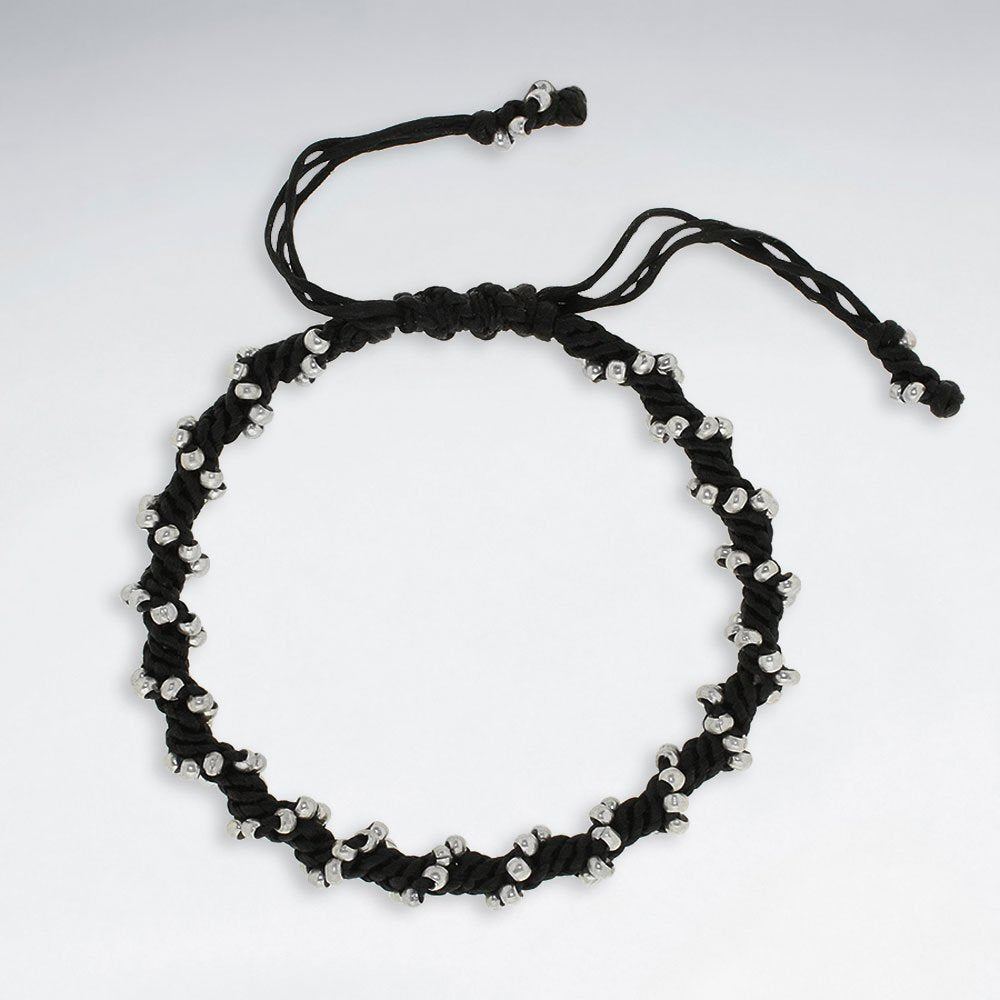 7" Adjustable Black Macrame Waxed Cotton Bracelet With Antique Handmade Silver Beads