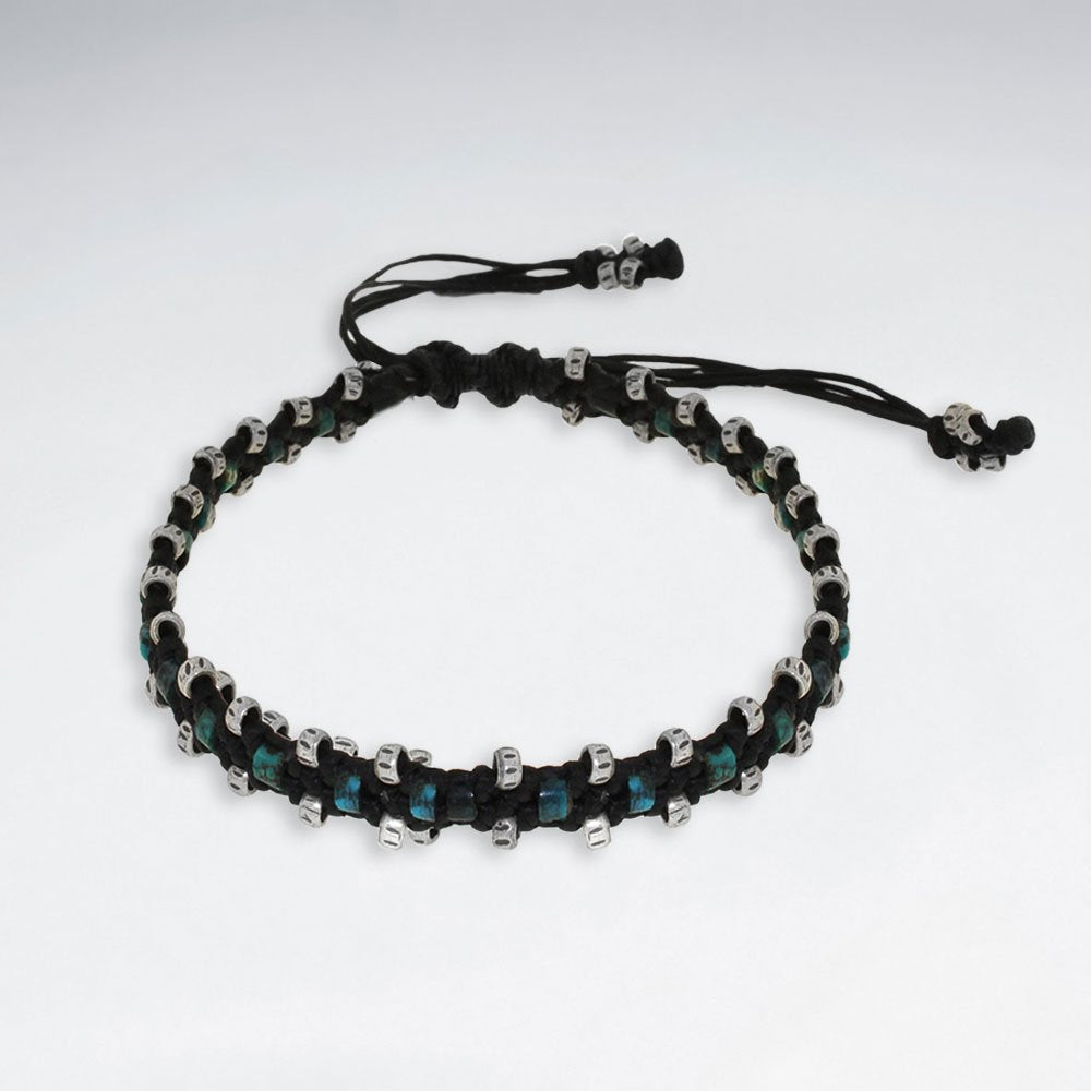 7" Adjustable Black Macrame Waxed Cotton Bracelet With Antique Handmade Silver Beads