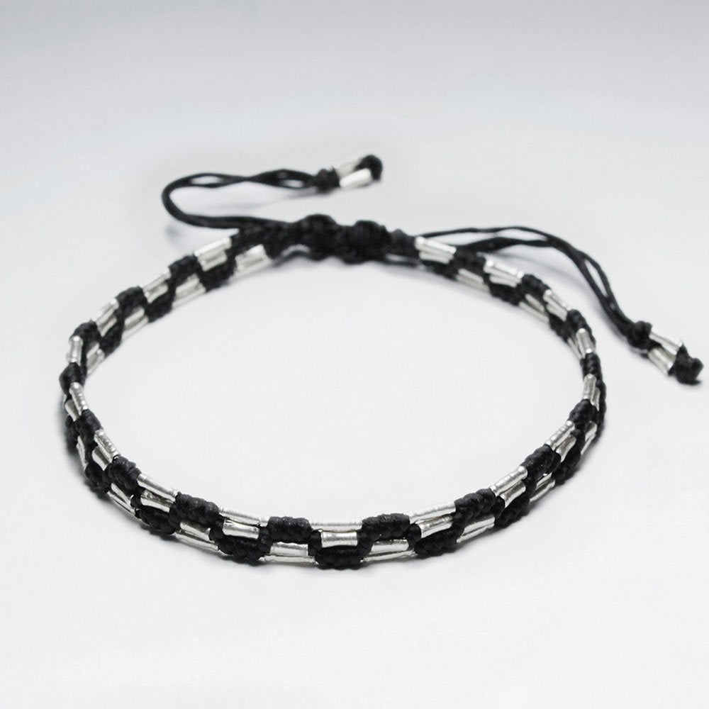 7" Adjustable Black Macrame Waxed Cotton Bracelet With Antique Handmade Silver Tube Beads
