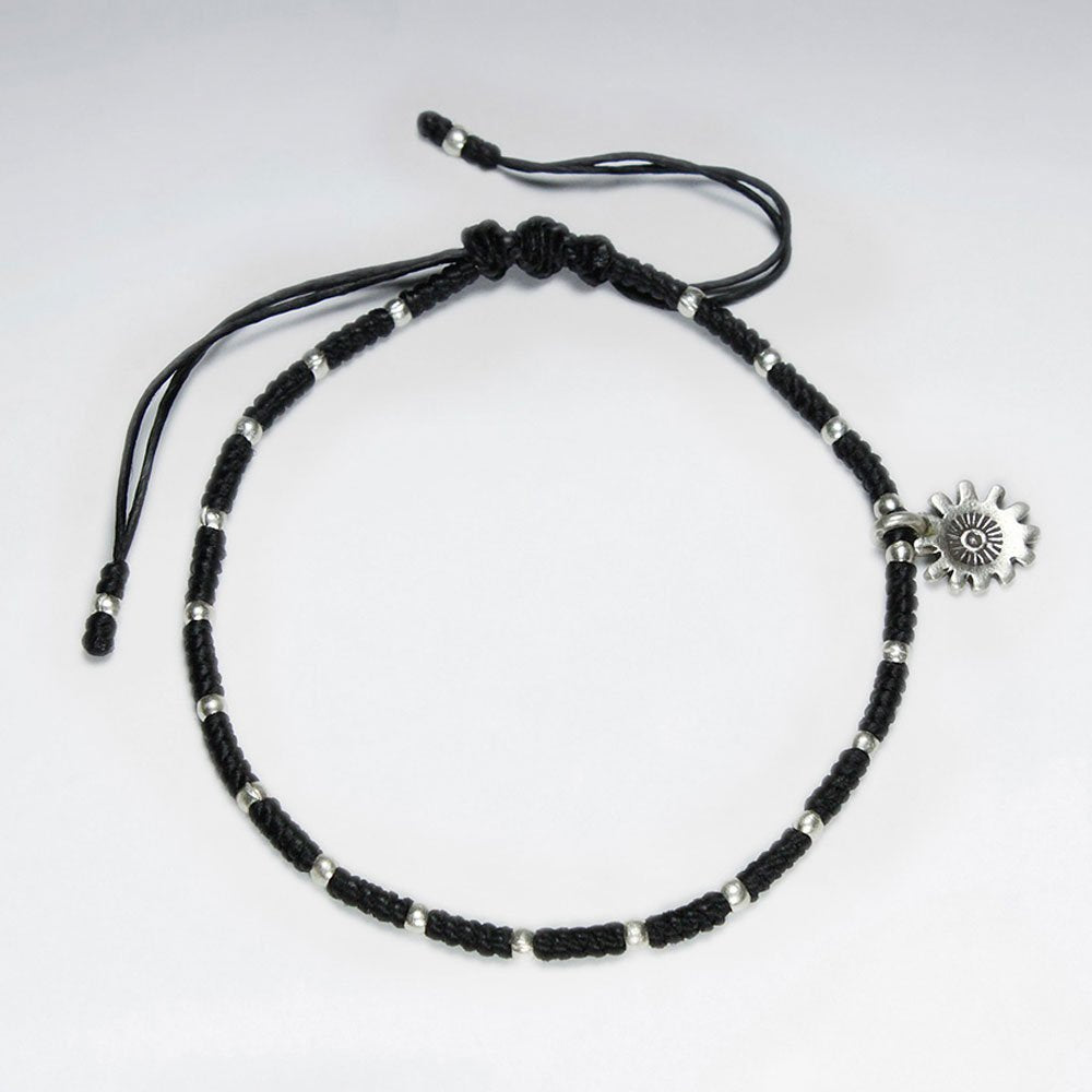 7" Adjustable Black Macrame Waxed Cotton Bracelet With Antique Handmade Silver Bead And Sunflower Charm