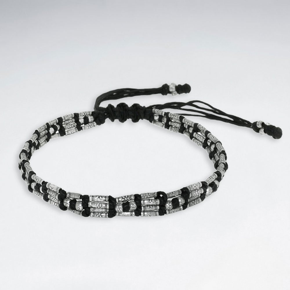 7" Adjustable Black Macrame Waxed Cotton Bracelet With Antique Handmade Silver Tube Beads