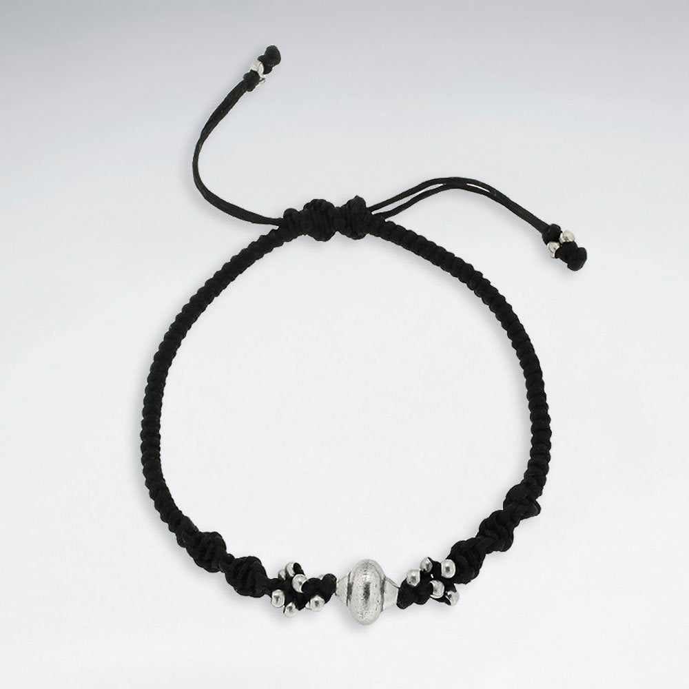 7" Adjustable Black Macrame Waxed Cotton Bracelet With Antique Handmade Silver Tube Beads