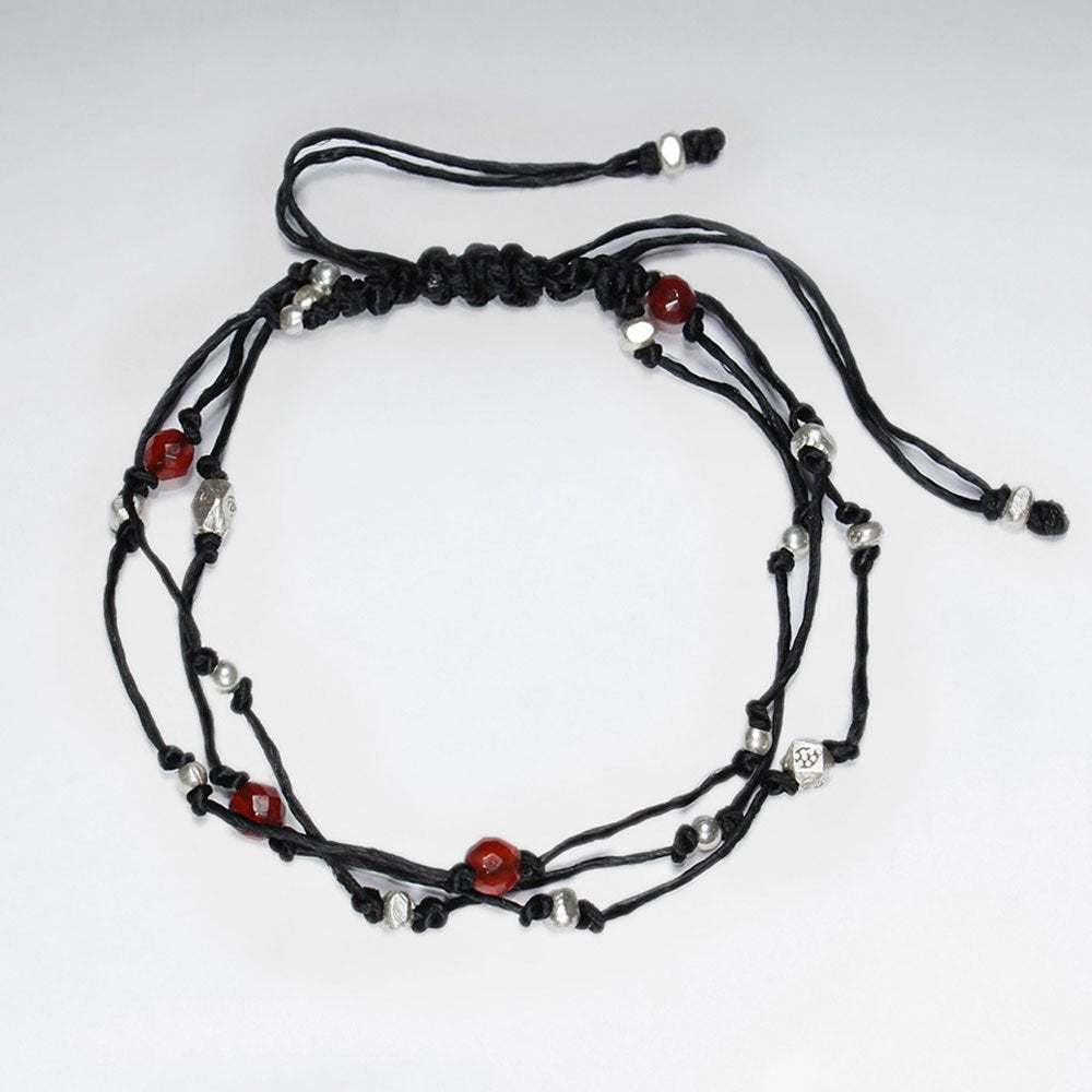 7" Adjustable Multi Strand Black Macrame Waxed Cotton Bracelet With Antique Handmade Silver Bead And Red Glass Beads