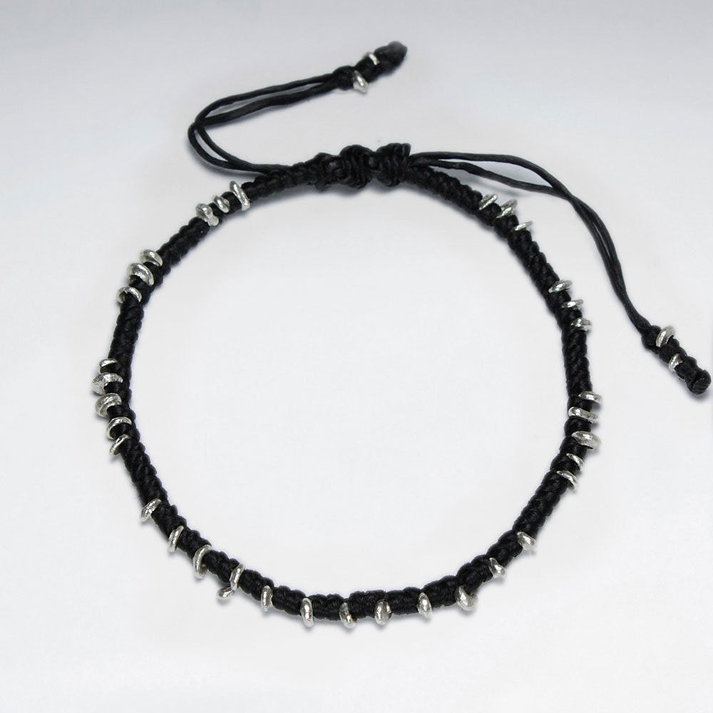 7" Adjustable Black Macrame Waxed Cotton Bracelet With Antique Handmade Silver  Beads