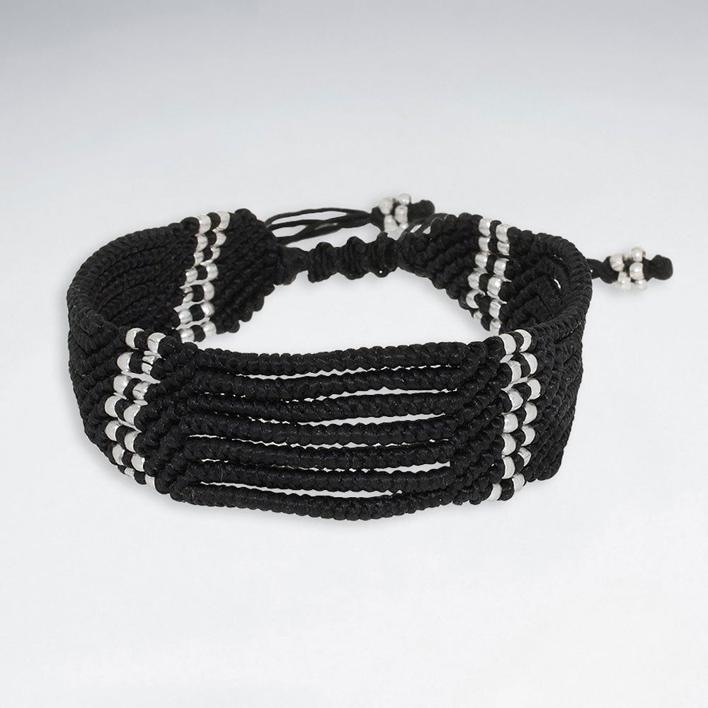 7" Adjustable Multi Strands Black Macrame Waxed Cotton Bracelet With Antique Handmade Silver Beads
