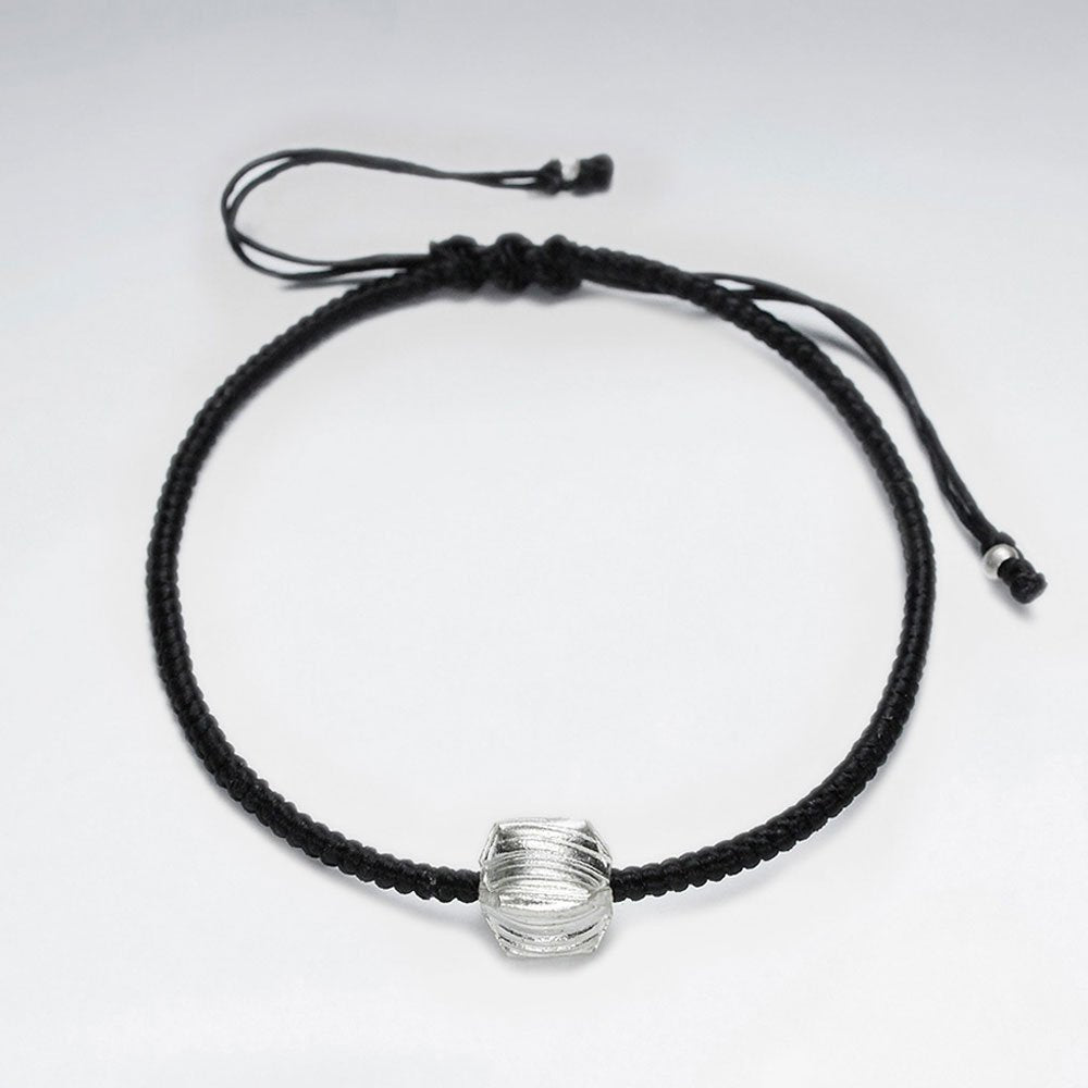 7" Adjustable Black Macrame Waxed Cotton Bracelet With Antique Handmade Silver Cube Beads