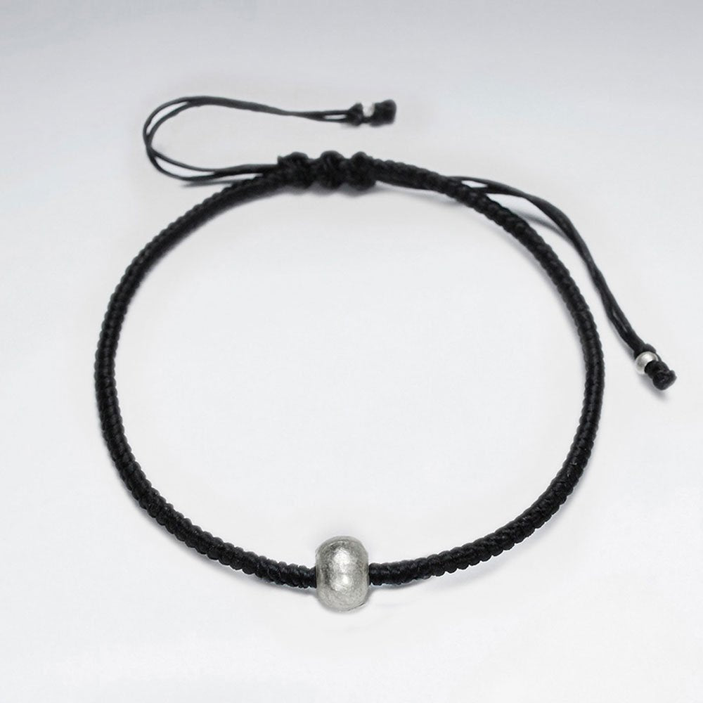 7" Adjustable Black Macrame Waxed Cotton Bracelet With Antique Handmade Silver Round Beads