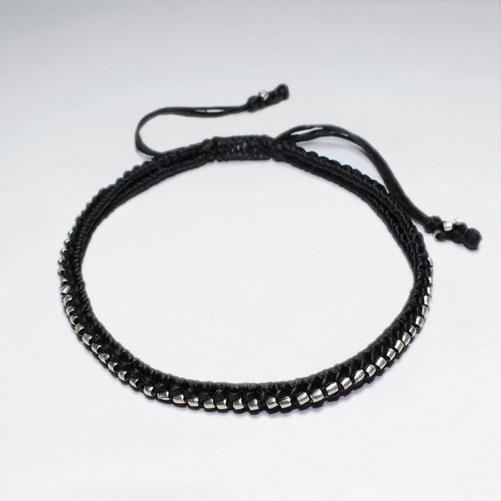 7" Adjustable Black Macrame Waxed Cotton Bracelet With Antique Handmade Silver Beads