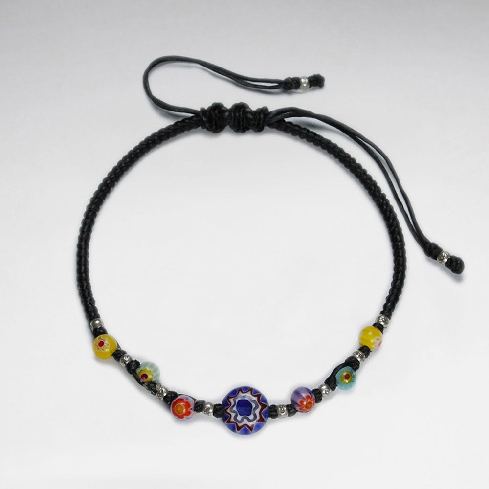 7" Adjustable Black Macrame Waxed Cotton Bracelet With Antique Handmade Silver Beads And Millefiori Beaded