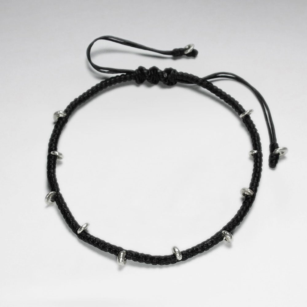 7"  Adjustable Black Macrame Waxed Cotton Bracelet With Antique Handmade Silver Beads