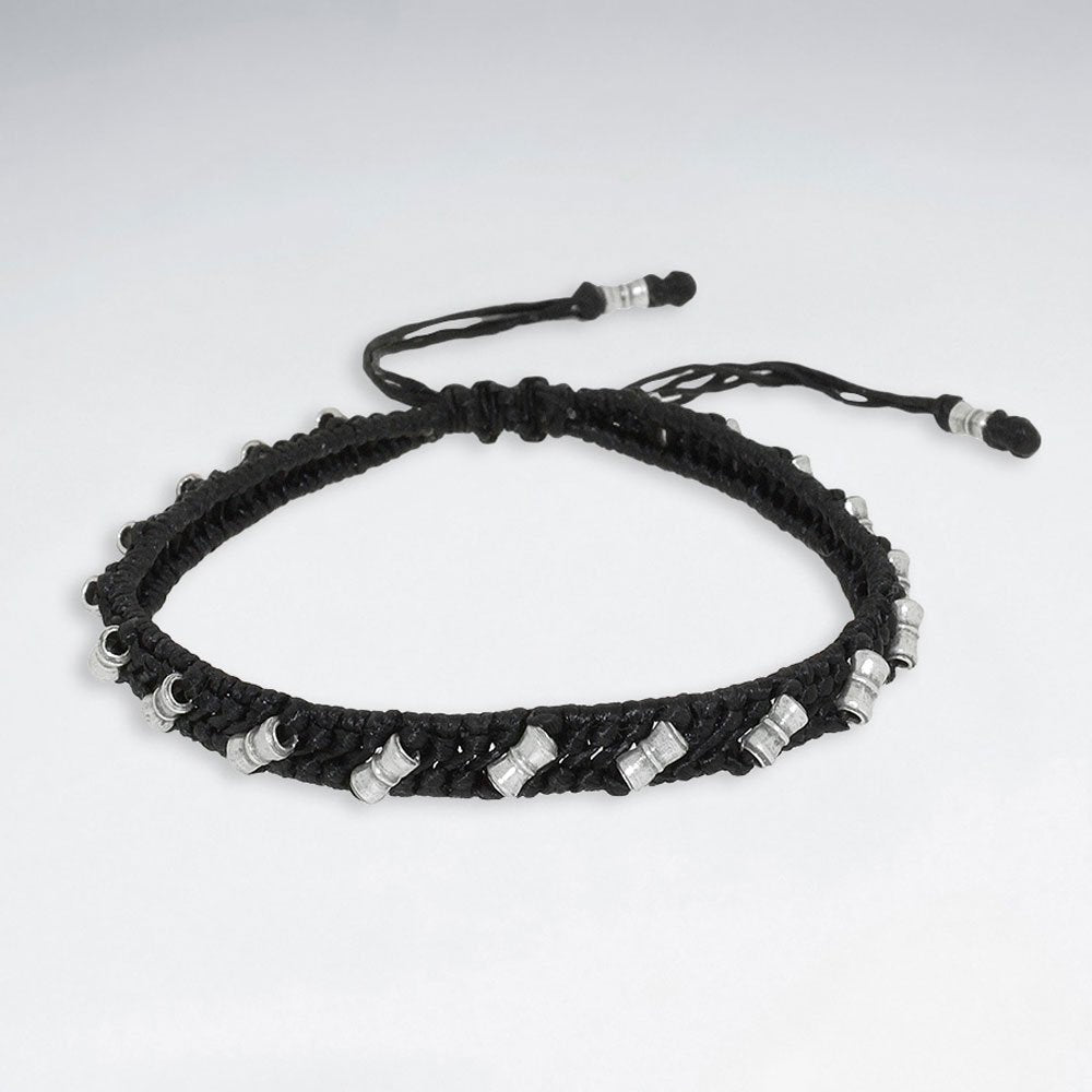 7"  Adjustable Black Macrame Waxed Cotton Bracelet With Antique Handmade Silver Beads