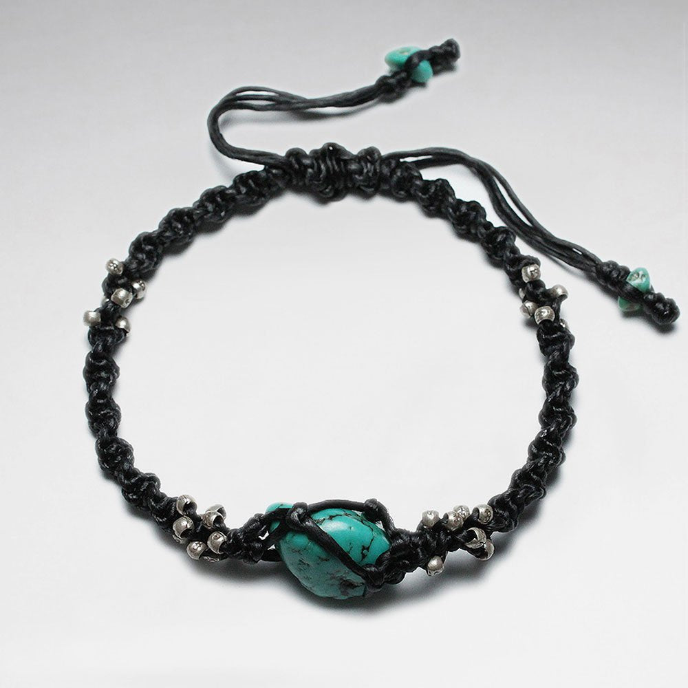 7"  Adjustable Black Macrame Waxed Cotton Bracelet With Antique Handmade Silver Beads And Turquoise