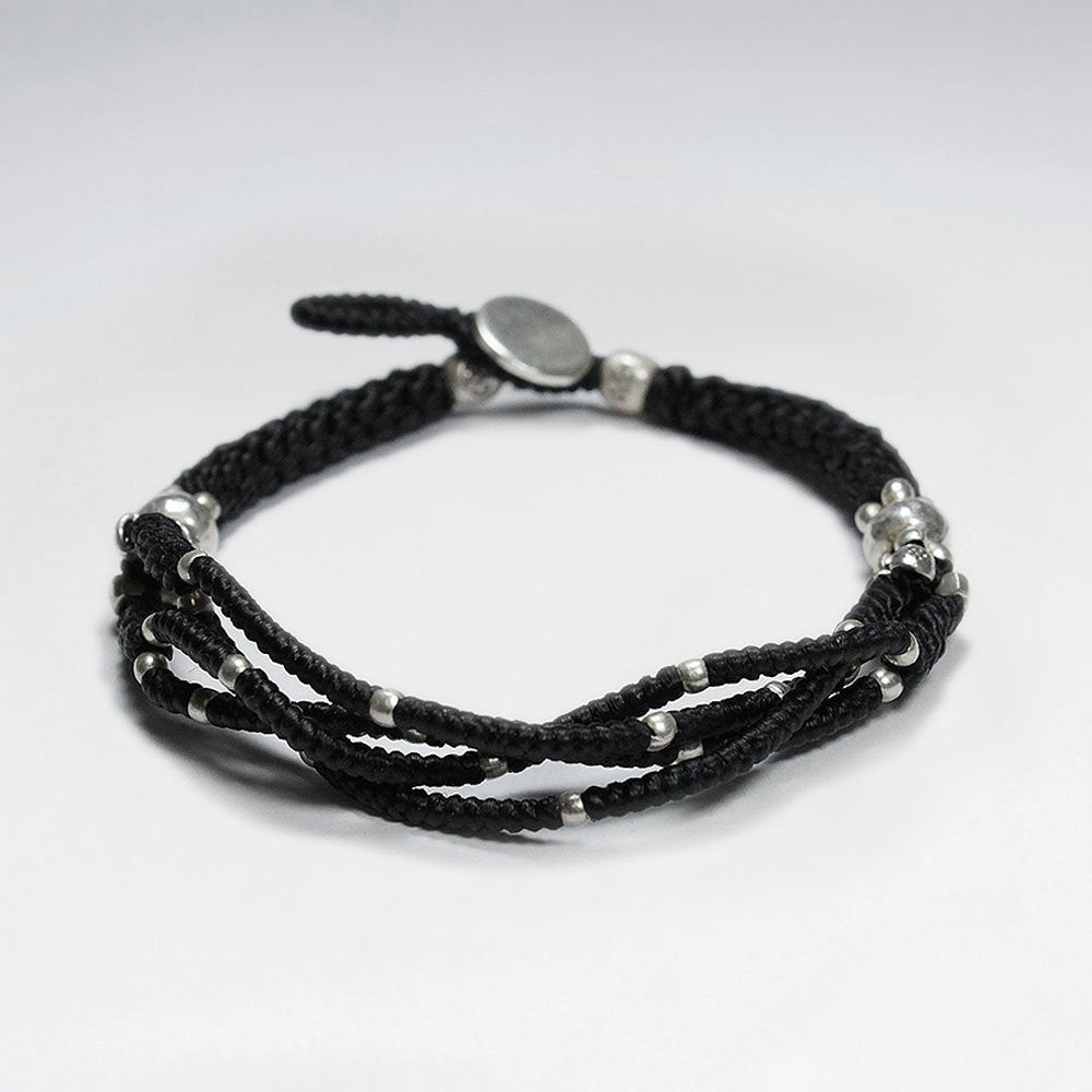 7"  Adjustable Multi Strands Black Macrame Waxed Cotton Bracelet With Antique Handmade Silver Beads