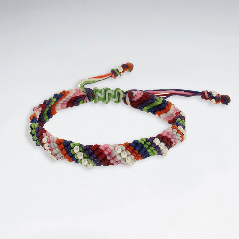 7"  Adjustable Multi Color Macrame Waxed Cotton Bracelet With Antique Handmade SilverBeads