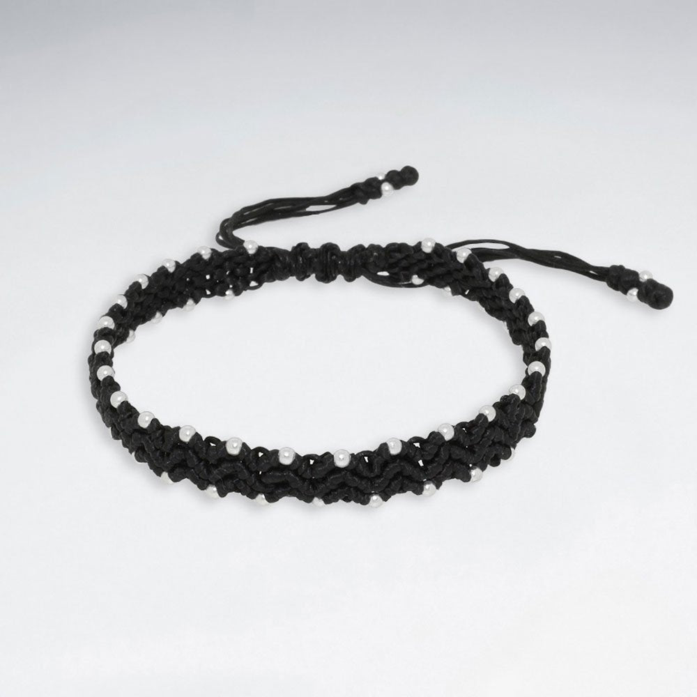7"  Adjustable Black Macrame Waxed Cotton Bracelet With Antique Handmade Silver Beads
