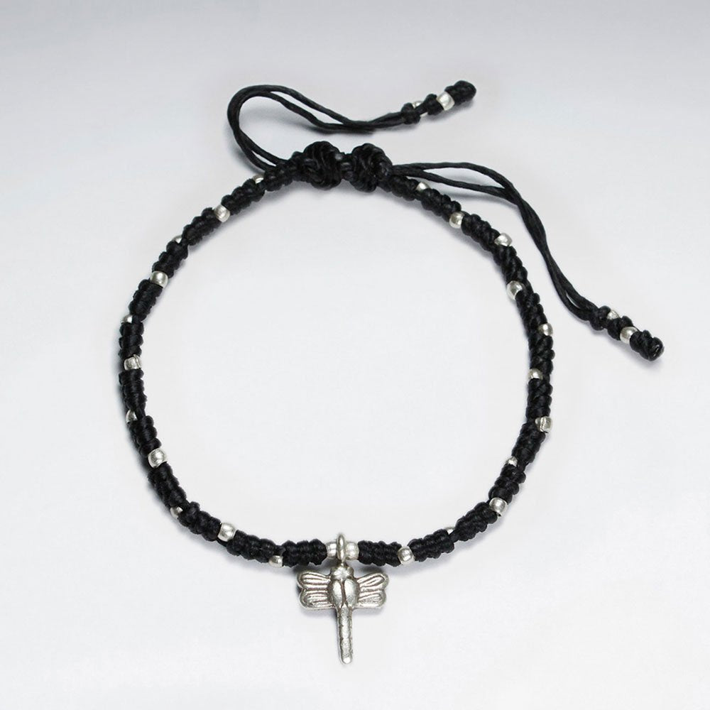 7"  Adjustable Black Macrame Waxed Cotton Bracelet With Antique Handmade Silver Dragonfly Charm