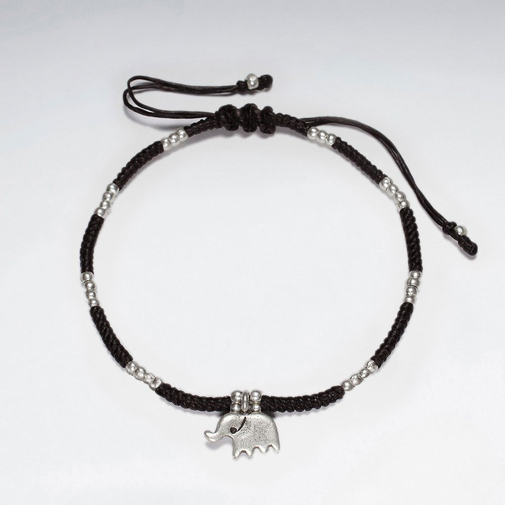 7"  Adjustable Black Macrame Waxed Cotton Bracelet With Antique Handmade Silver Elephant Charm