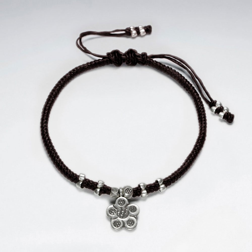 7"  Adjustable Black Macrame Waxed Cotton Bracelet With Antique Handmade Silver Flower Charm