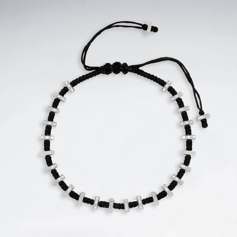 7"  Adjustable Black Macrame Waxed Cotton Bracelet With Antique Handmade Silver Beads
