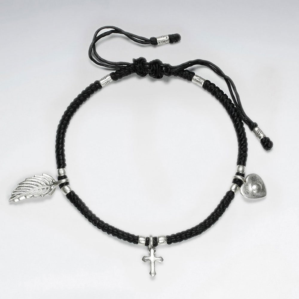 7"  Adjustable Black Macrame Waxed Cotton Bracelet With Antique Handmade Silver Cross Charms
