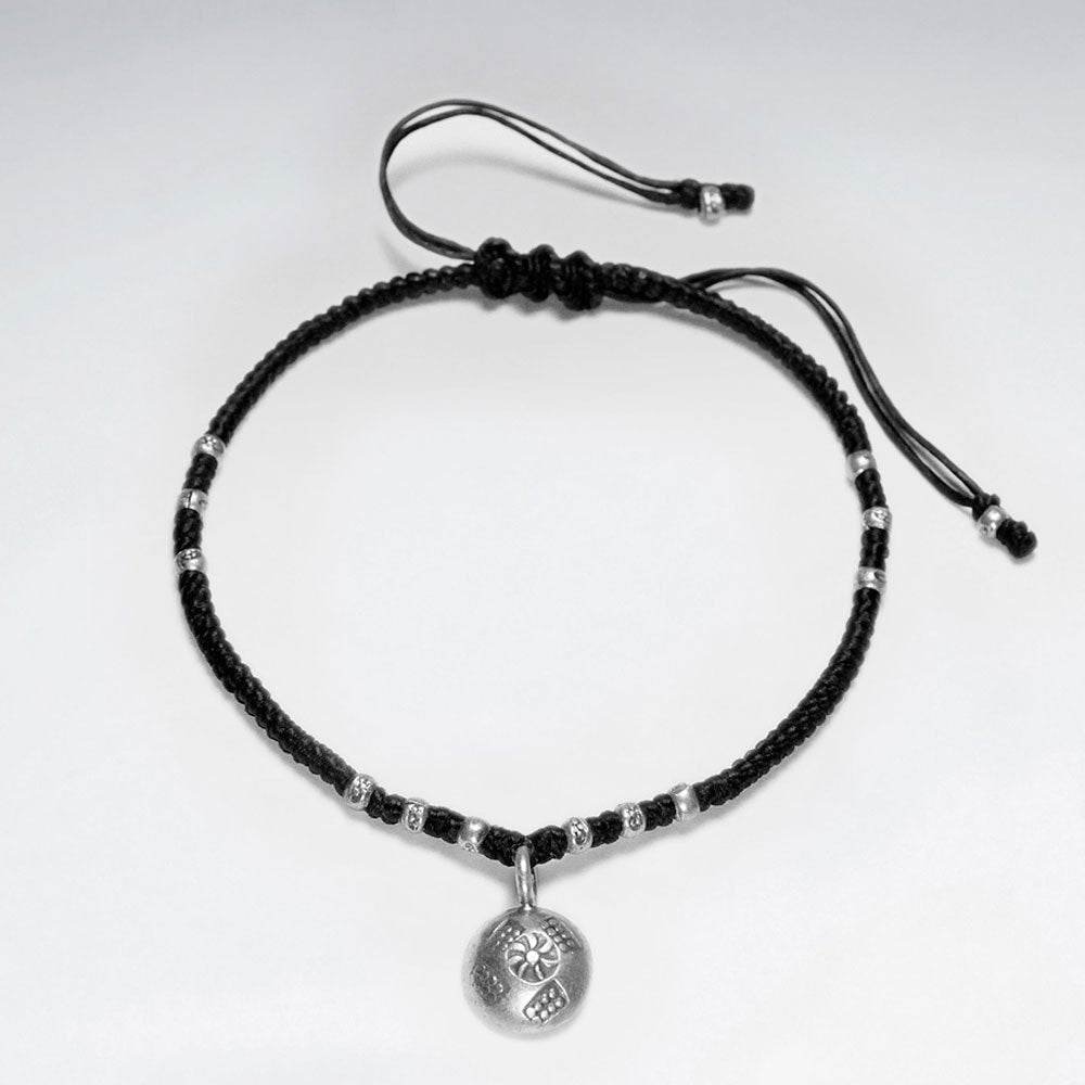 7"  Adjustable Black Macrame Waxed Cotton Bracelet With Antique Handmade Silver Round Dangling Charm