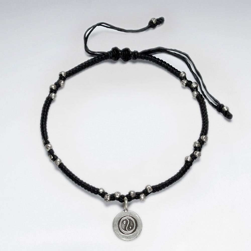 7"  Adjustable Black Macrame Waxed Cotton Bracelet With Antique Handmade SilverYin Yang Charm