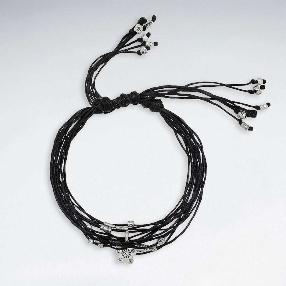 7"  Adjustable Multi Strands Black Macrame Waxed Cotton Bracelet With Antique Handmade Silver Beads