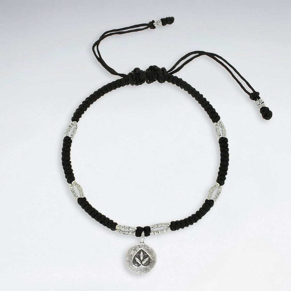 7"  Adjustable Black Macrame Waxed Cotton Bracelet With Antique Handmade Silver Marijuana Charm