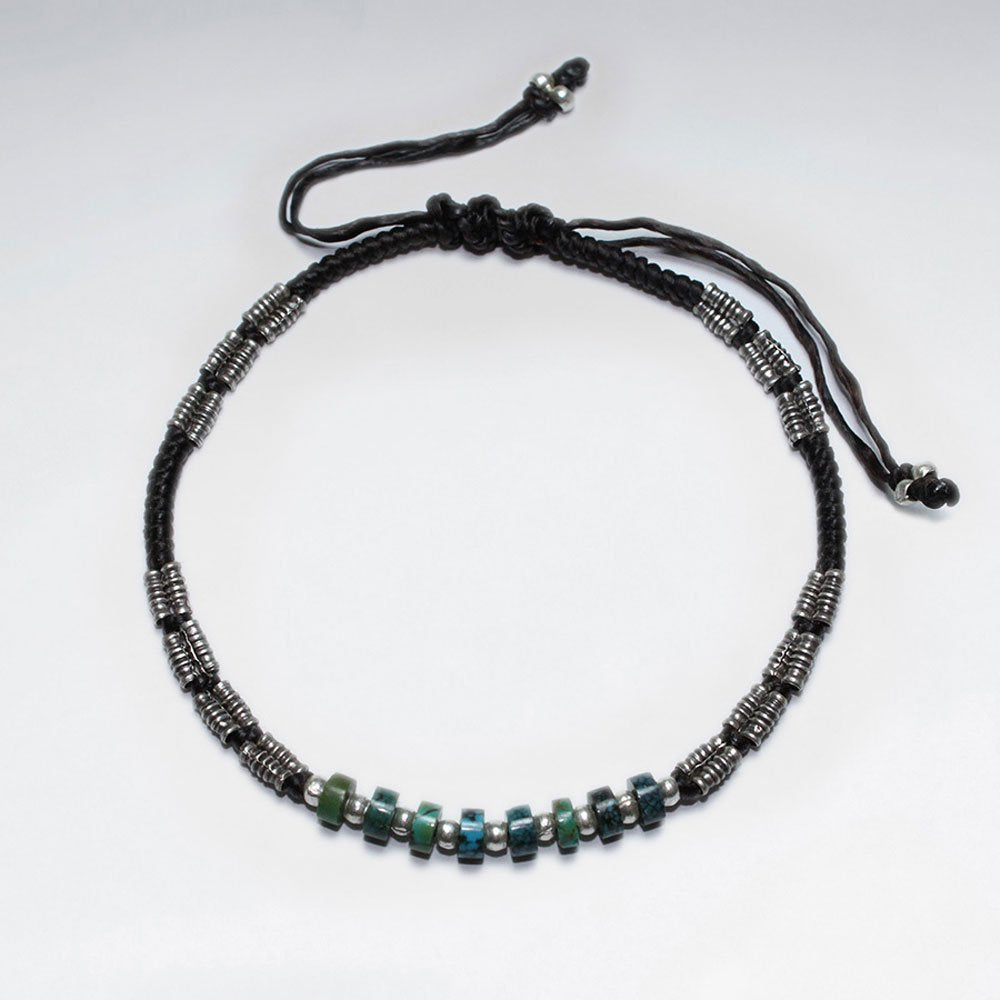 7"  Adjustable Brown Macrame Waxed Cotton Bracelet With Antique Handmade Silver Beads And Turquoise